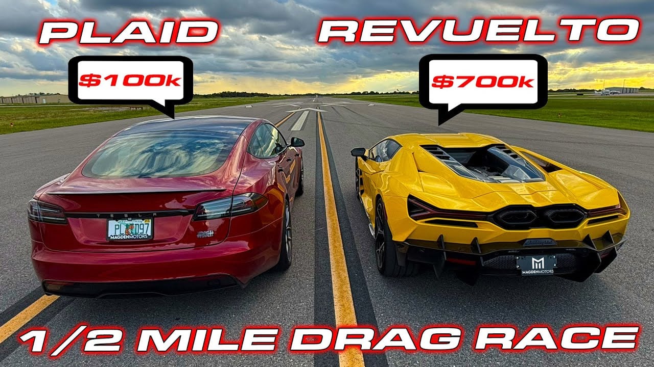 Watch This $700K Lamborghini Revuelto Drag Race A $100K Tesla Plaid Track Pack