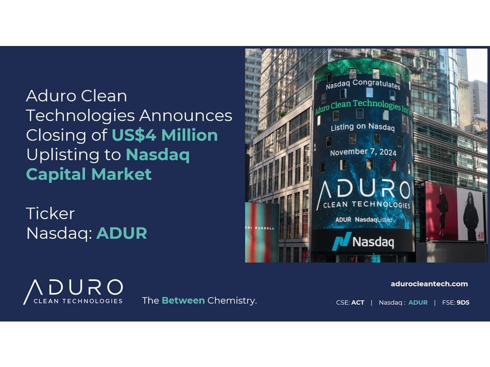 Aduro Clean Technologies Announces Closing of US$4 Million Uplisting to Nasdaq