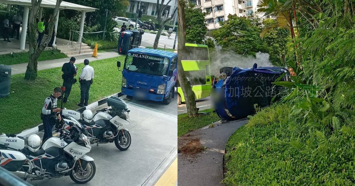 Car flips in Yishun accident, driver goes missing