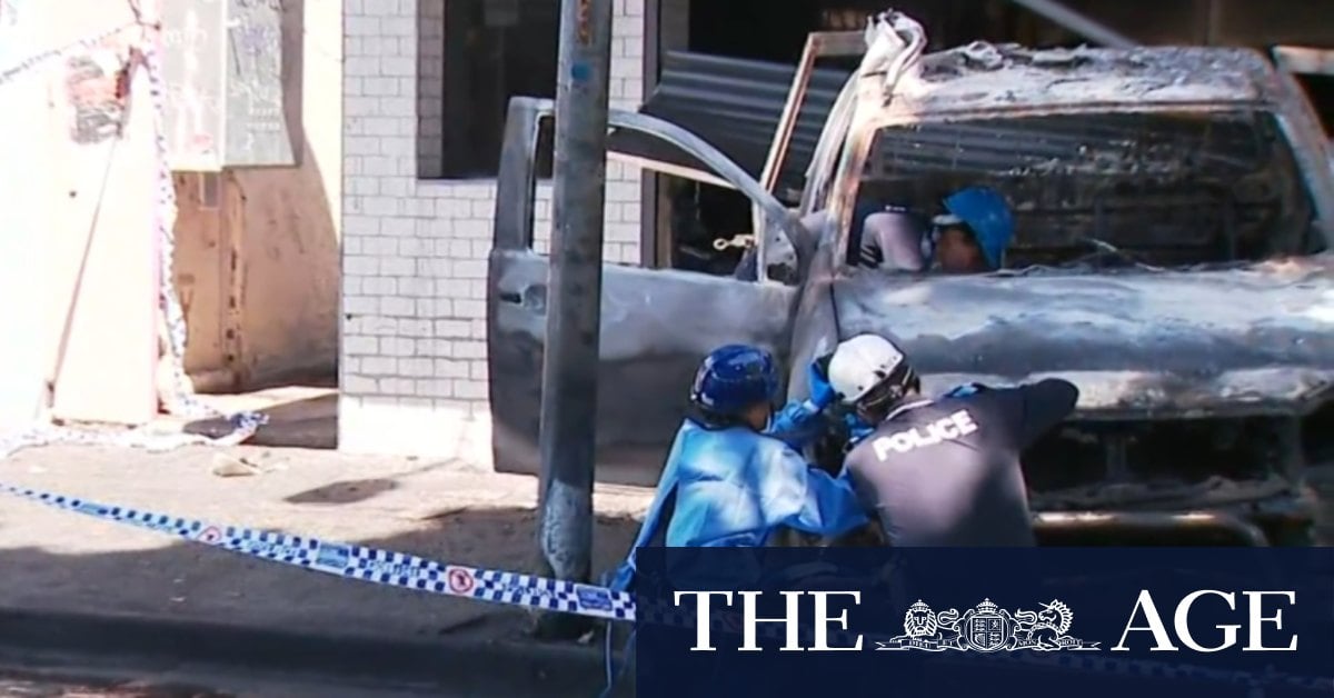 Ute slams into Brisbane shop, set alight