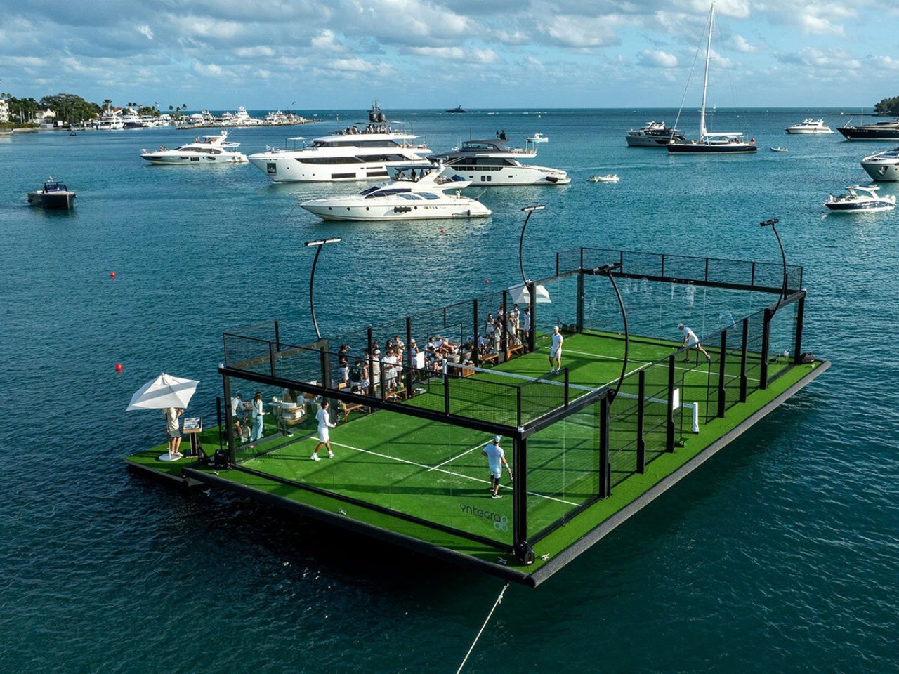 Padel court stationed in the middle of the ocean is made from recycled steel