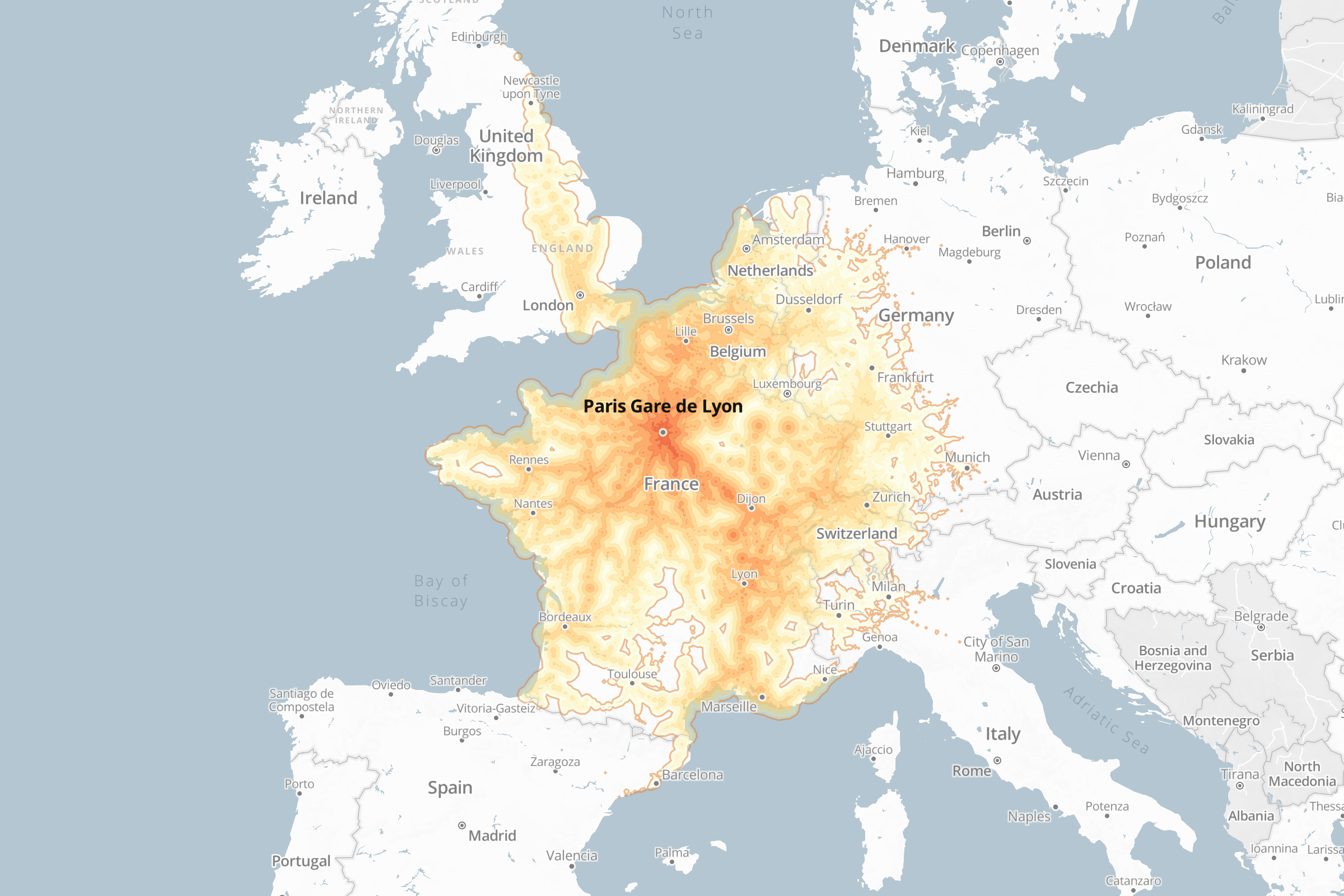 Shortest times between train stations in Europe