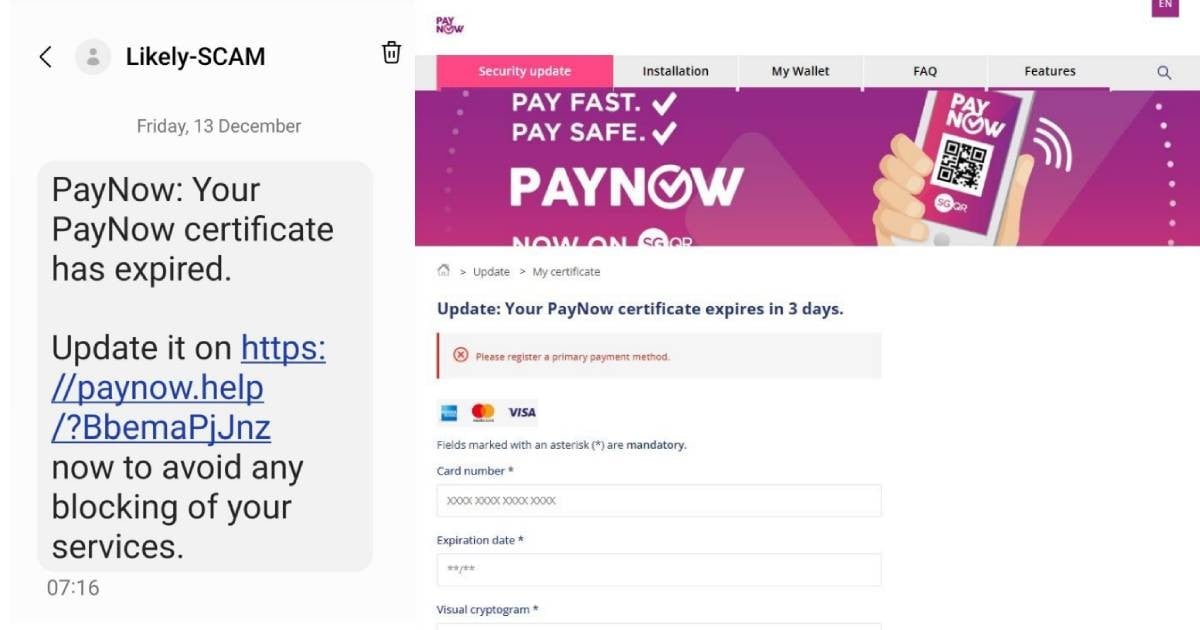 Beware of text messages asking to renew 'PayNow certificate'