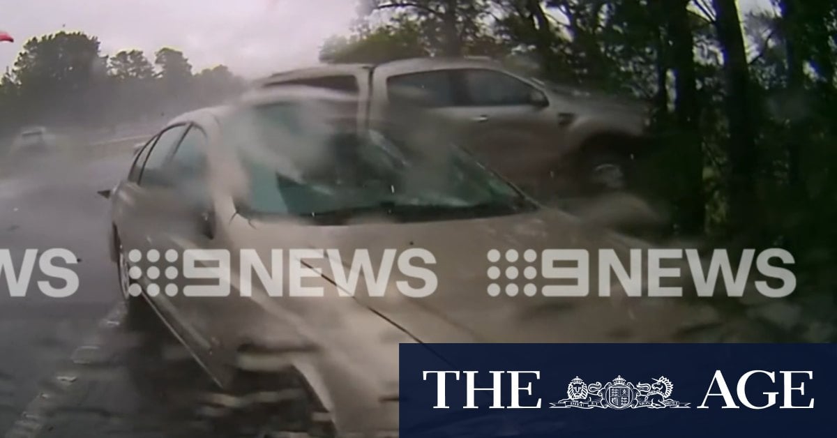 Couple jumps to safety as out-of-control ute slams into cars