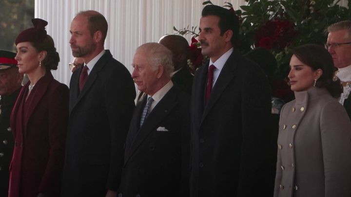 Kate joins King and William to greet Emir of Qatar on state visit