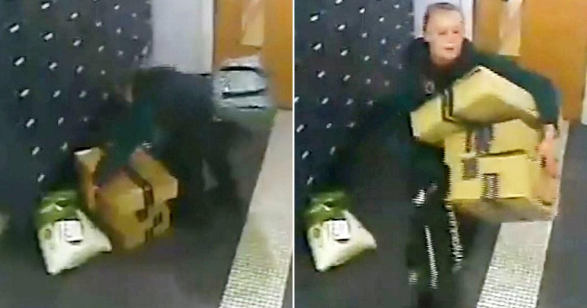 Moment woman brazenly steals Amazon packages from apartment block