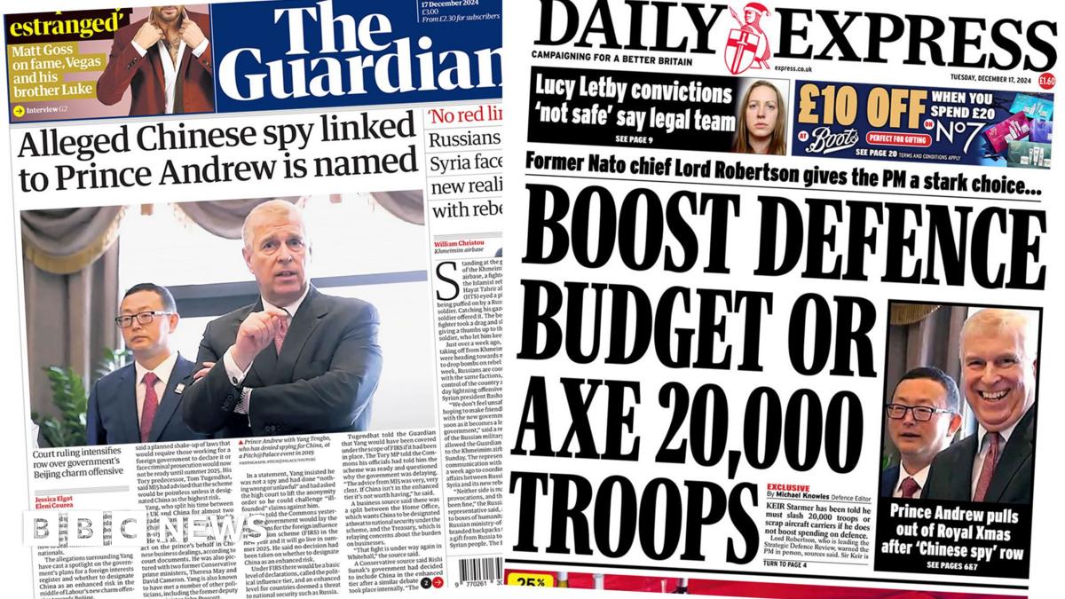 Newspaper headlines: Chinese spy suspect named and 'stark choice' for Starmer