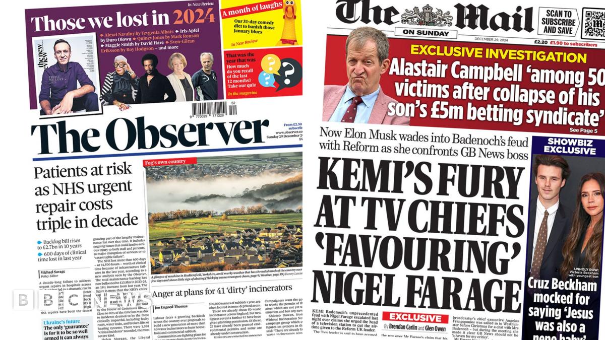 Newspaper headlines: NHS 'repair costs triple' and Badenoch 'fury' at Farage's TV time