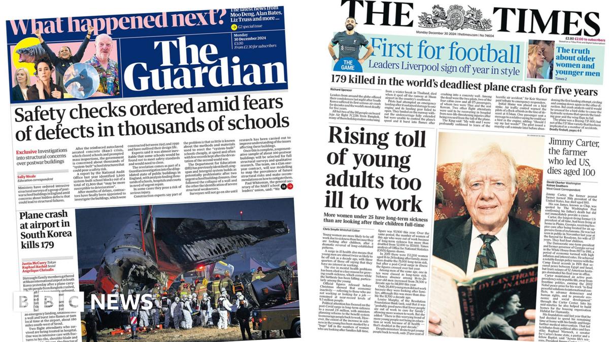 Newspaper headlines: School 'defects' check ordered and 'young adults to ill to work'