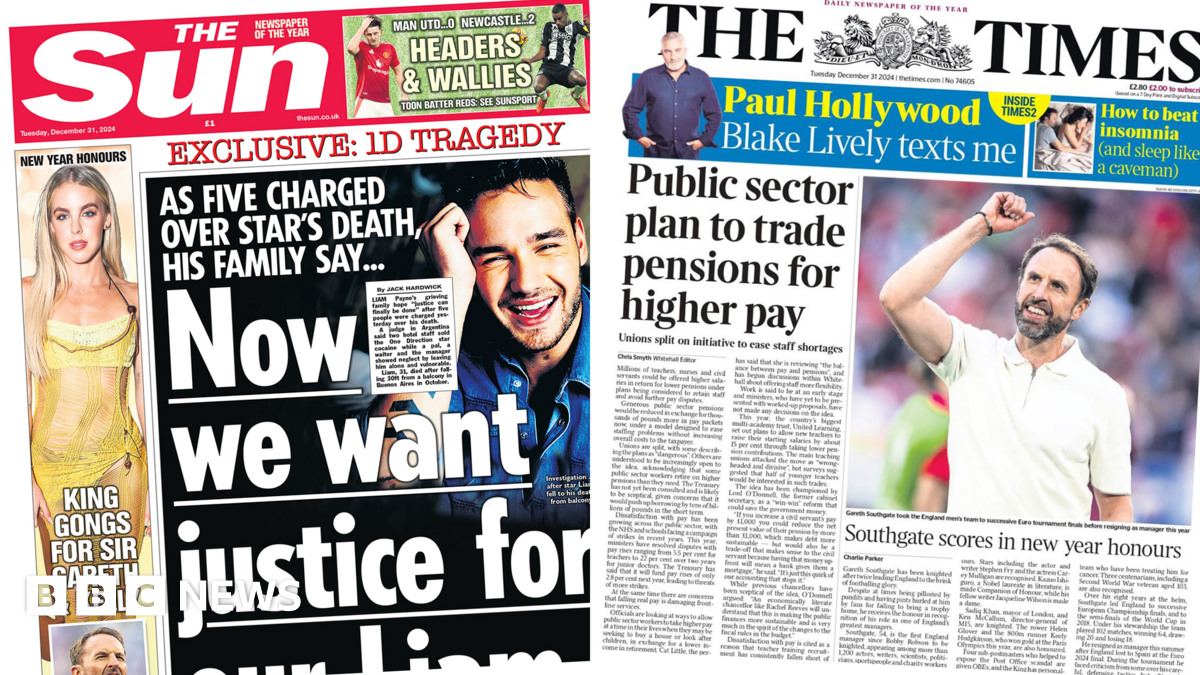 Newspaper headlines: 'Arise Sir Gareth' and 'justice for our Liam'