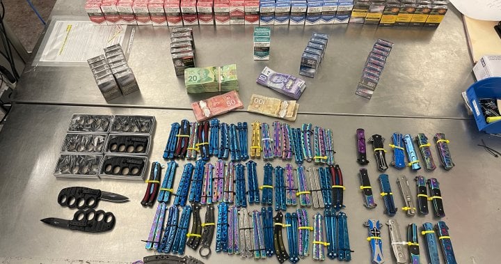 Police seize banned knives, illegal tobacco from central Edmonton convenience store